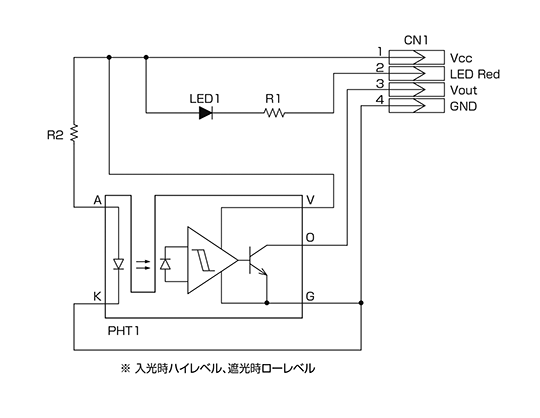 赤色LED表示灯付きフォトインタラプタ AP-100LP-05R、回路図